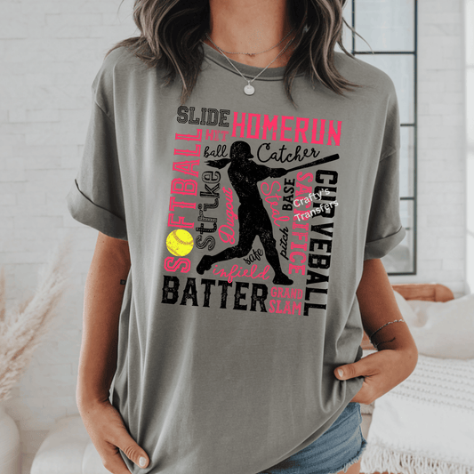 Softball Collage DTF Transfer – Slide Hit Homerun Sacrifice Grand Slam – Pink Softball Heat Press Transfer