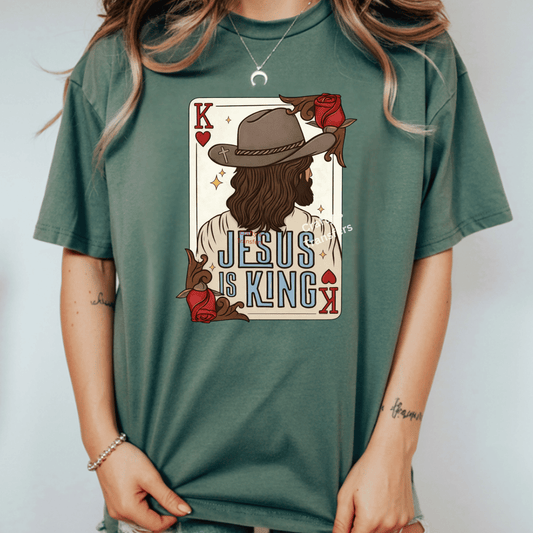 Jesus Is King DTF Transfer – Christian Western Playing Card Design – King of Hearts Faith Graphic Heat Transfer