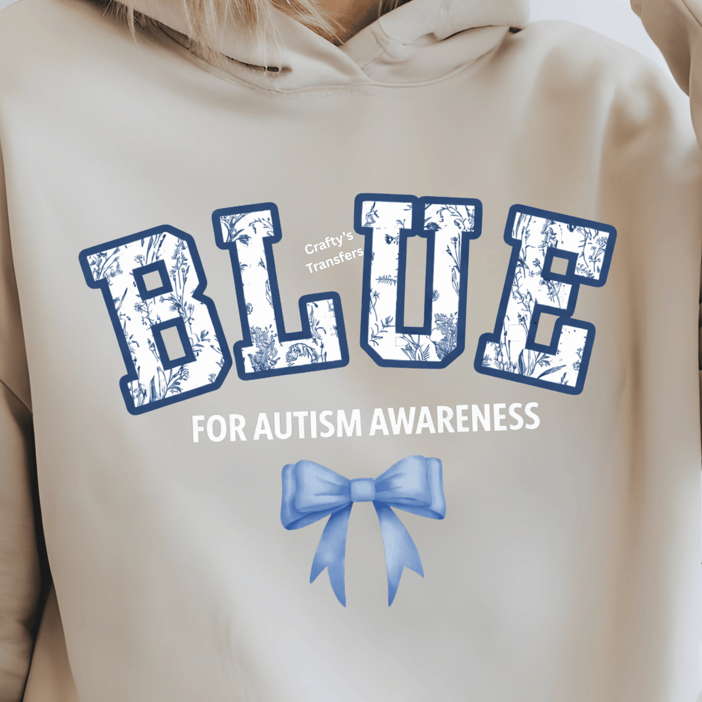 Blue for Autism Awareness DTF Transfer – Floral Varsity Blue Lettering with Bow – April Awareness Month Heat Transfer