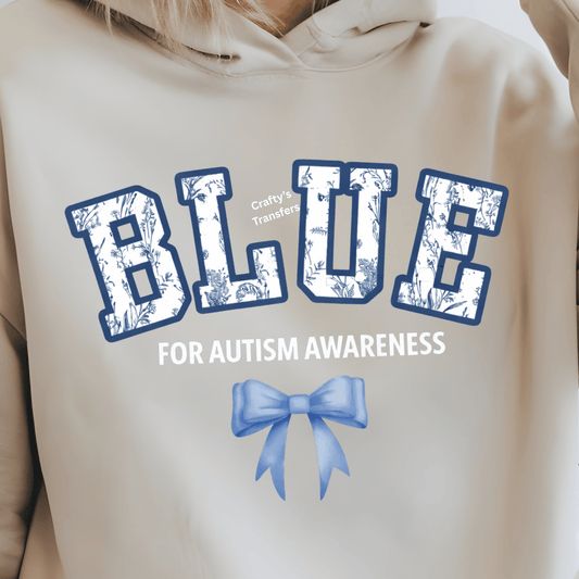 Blue for Autism Awareness DTF Transfer – Floral Varsity Blue Lettering with Bow – April Awareness Month Heat Transfer