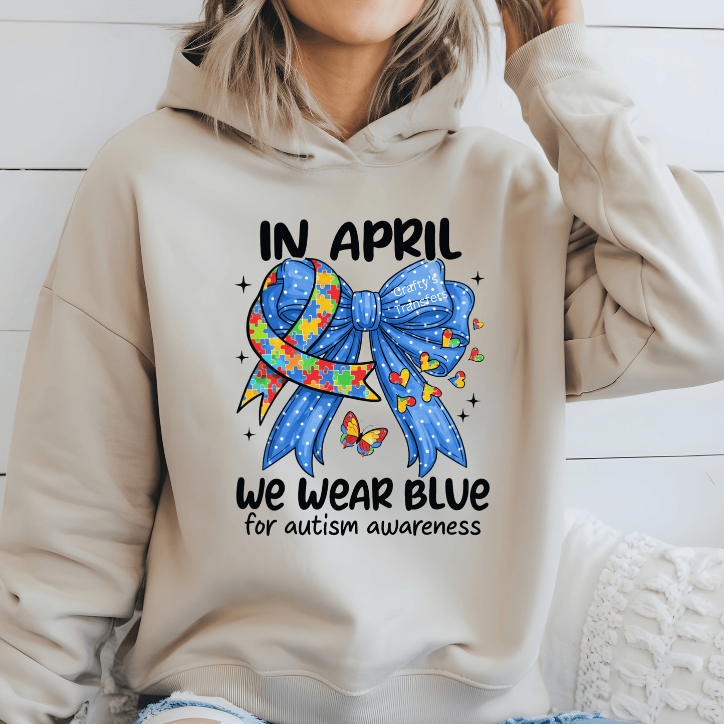 Autism Awareness DTF Transfer – In April We Wear Blue – Puzzle Ribbon Bow Design – April Awareness Month Heat Transfer