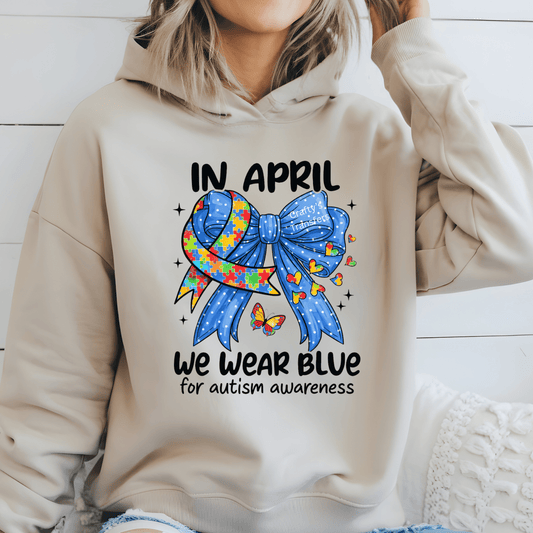 Autism Awareness DTF Transfer – In April We Wear Blue – Puzzle Ribbon Bow Design – April Awareness Month Heat Transfer