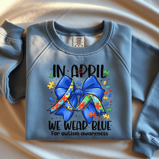 Autism Awareness DTF Transfer – In April We Wear Blue – Puzzle Ribbon Bow Design – April Awareness Month Heat Transfer