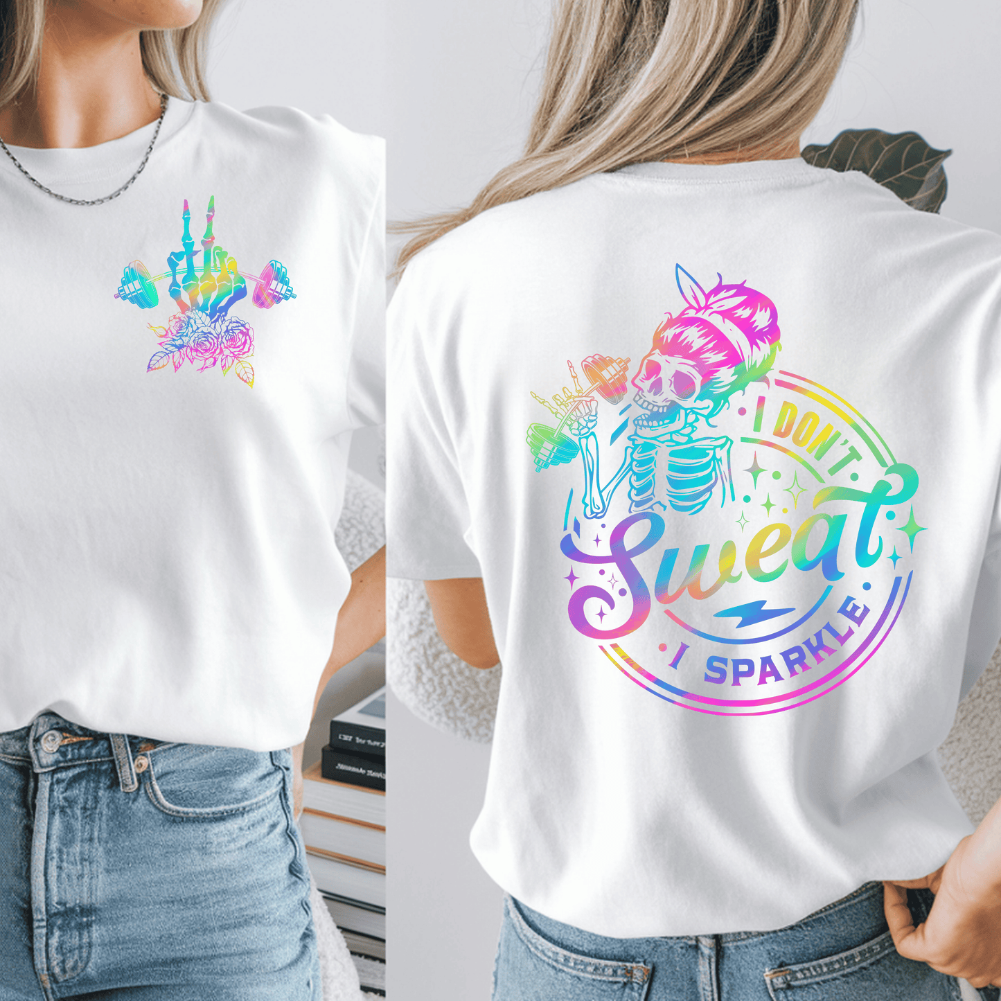 Holographic Workout "I don't Sweat I Sparkle" Skeleton Design | Gym Roses Hand | Retro Trendy Shirt Design