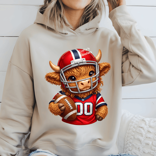 (1) Football Highland Cow DTF Transfer – Cute Jersey and Helmet Cow Shirt Design