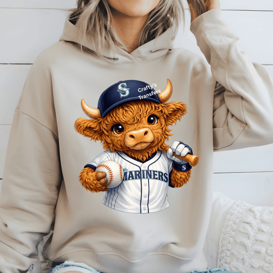 Cute Highland Cow Seattle Baseball DTF Transfer | Mariners Inspired Baseball Cow Shirt Transfer | Sports Fan Heat Press Transfer