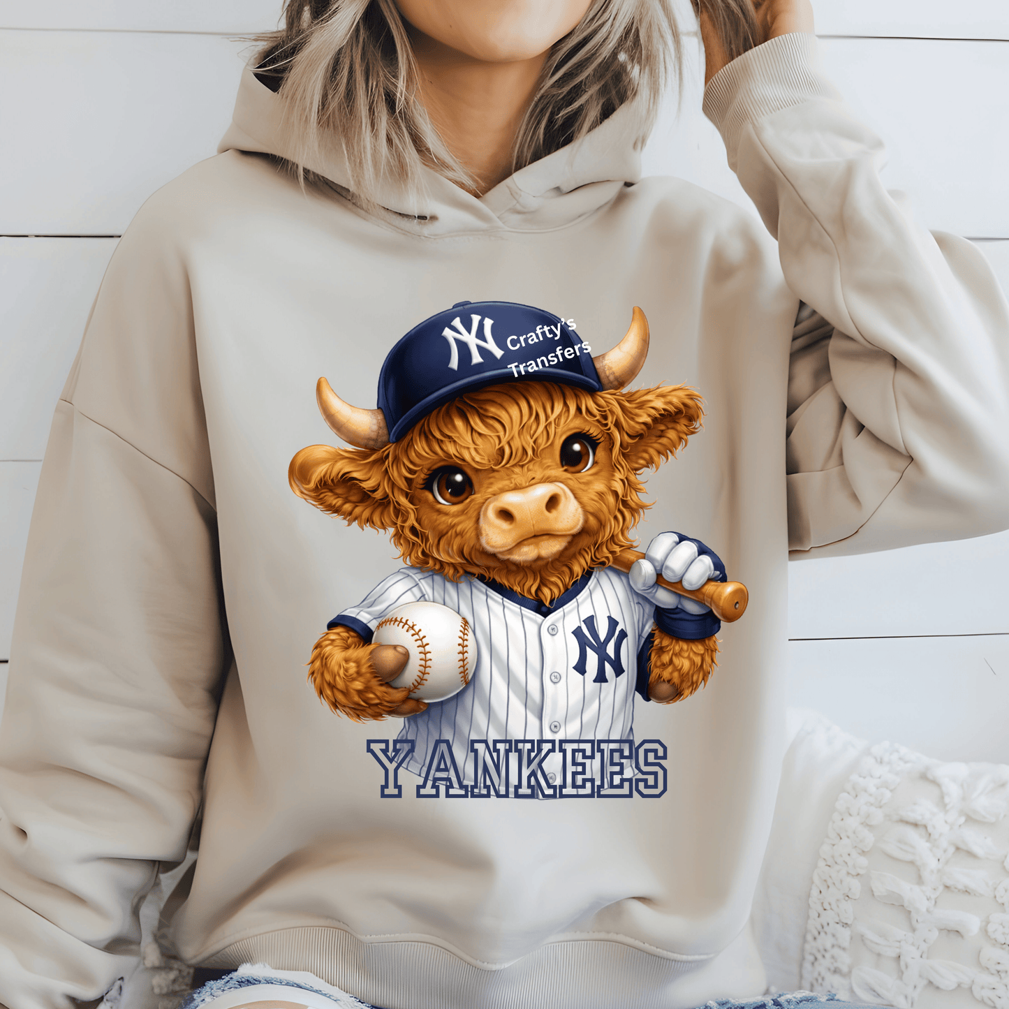 Cute Highland Cow Yankees Baseball DTF Transfer | Yankees Inspired Baseball Cow Shirt Transfer | Sports Fan Heat Press Transfer