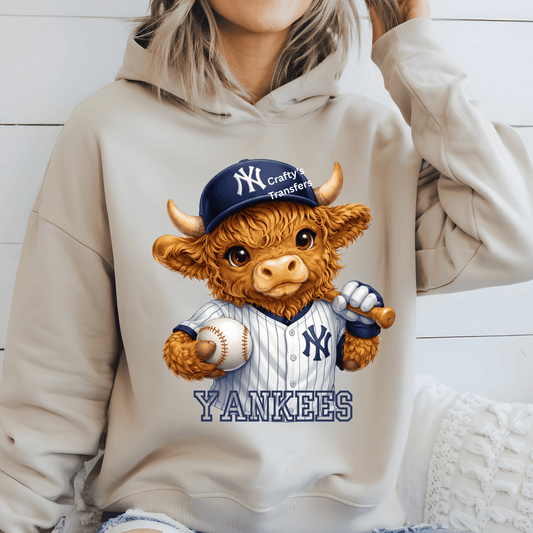 Cute Highland Cow Yankees Baseball DTF Transfer | Yankees Inspired Baseball Cow Shirt Transfer | Sports Fan Heat Press Transfer