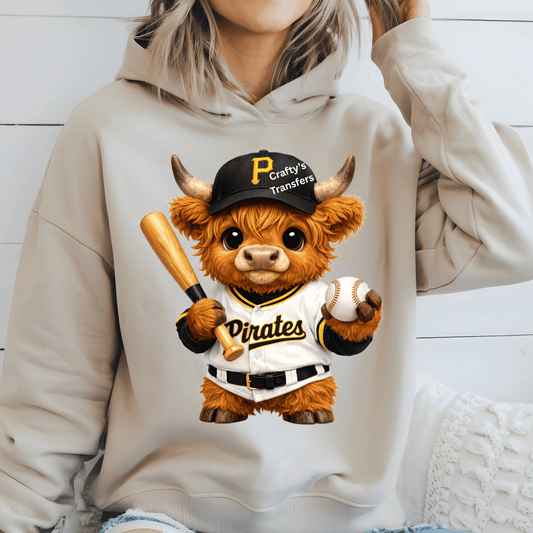 Cute Highland Cow Pittsburgh Baseball DTF Transfer – Pirates Inspired Baseball Cow Graphic – Sports Mascot Style Shirt Transfer