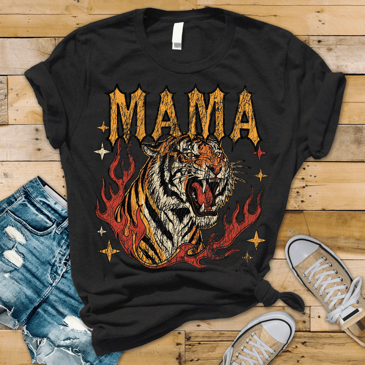 Mama Tiger DTF Transfer – Fierce Western Flame Tiger Shirt Design – Distressed Vintage Style Ready to Press Heat Transfer
