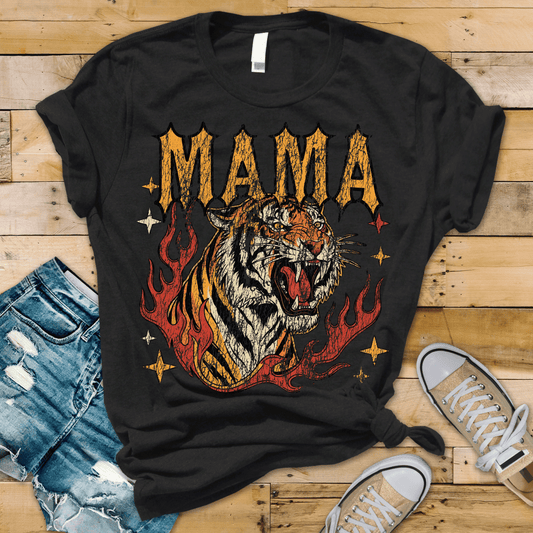 Mama Tiger DTF Transfer – Fierce Western Flame Tiger Shirt Design – Distressed Vintage Style Ready to Press Heat Transfer