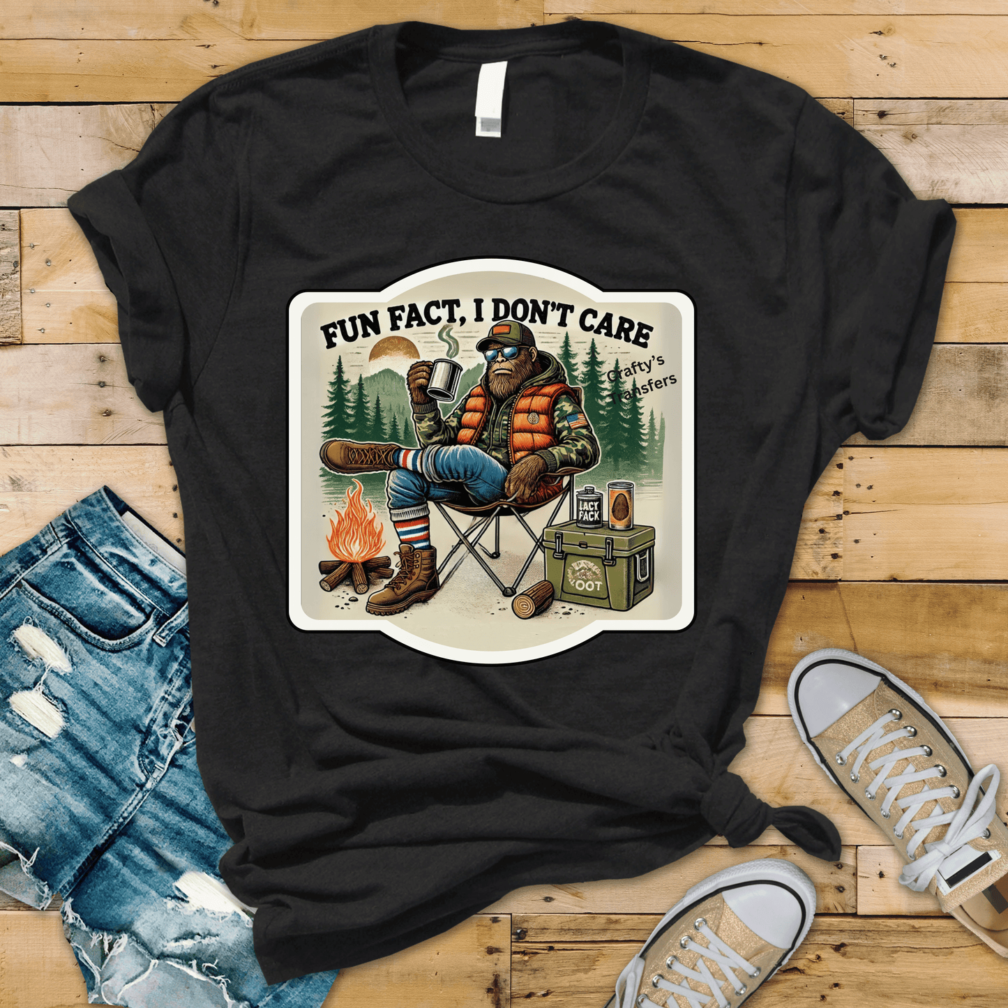 Funny Bigfoot Camping DTF Transfer – “Fun Fact, I Don’t Care” Sasquatch Graphic – Retro Outdoors Campfire Shirt Transfer