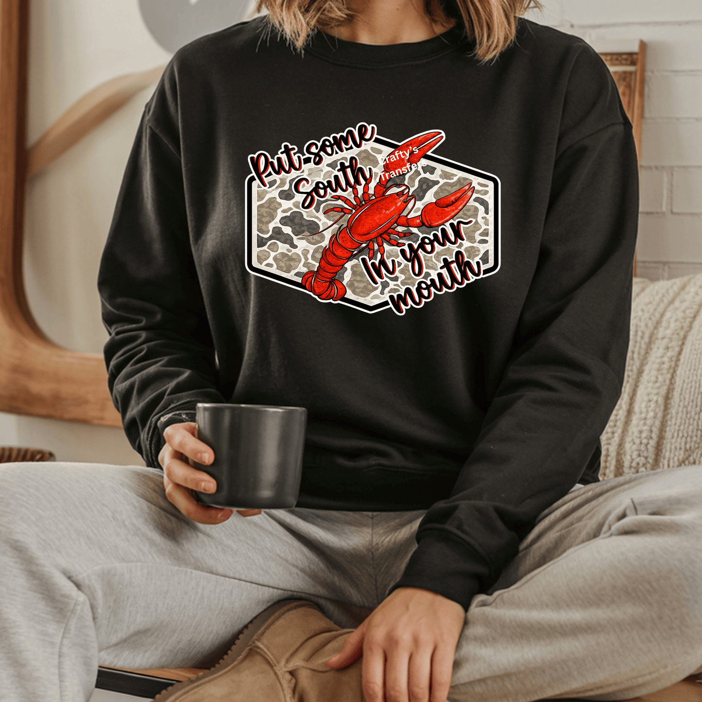 Put Some South In Your Mouth Crawfish DTF Transfer | Southern Seafood Cajun Boil Shirt Transfer | Louisiana Crawfish Graphic Heat Press Transfer