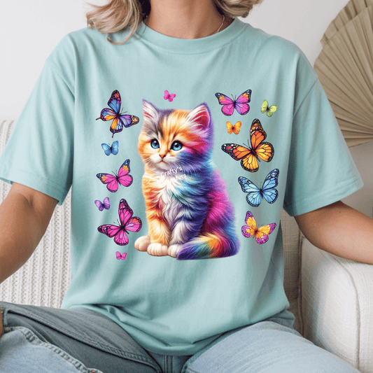 Rainbow Kitten with Butterflies DTF Transfer – Colorful Cute Cat Graphic Shirt Transfer – Vibrant Pastel Animal Design