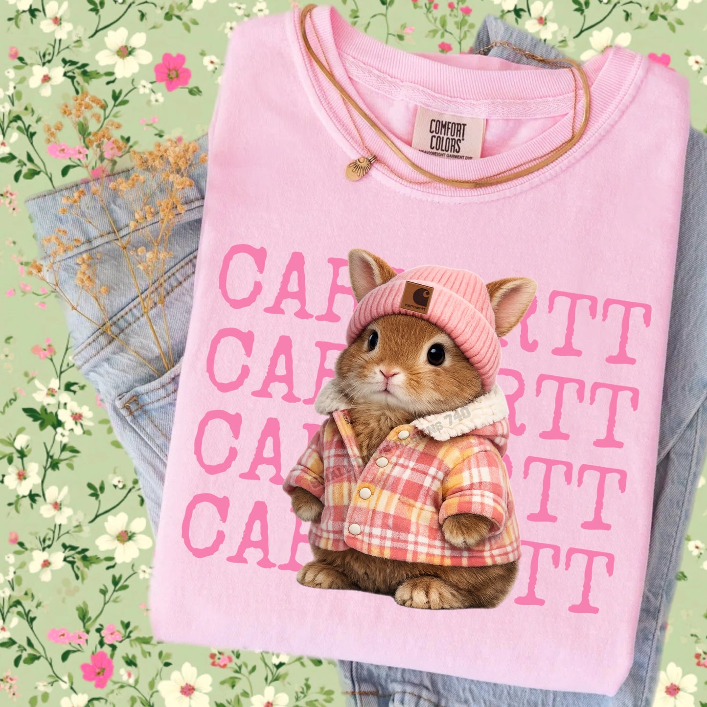 Cute Bunny Cattle DTF Transfer | Pink Beanie Rabbit Farm Graphic | Country Boutique Heat Press Shirt Transfer