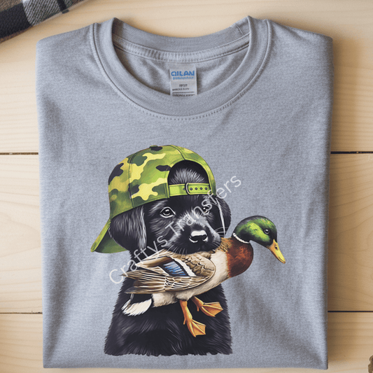 Duck Hunting Lab Puppy DTF Transfer | Camo Hat Labrador Retriever with Mallard Duck | Hunting Dog Graphic Heat Press Transfer