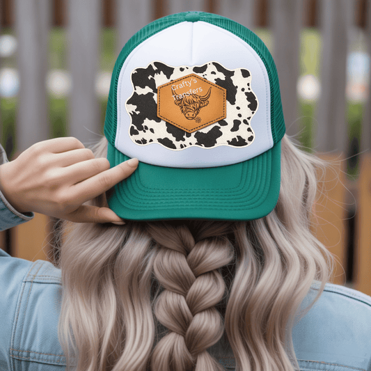 Highland Cow Leather Patch Cow Print DTF Transfer | Western Trucker Hat Patch Design | Boutique Hat Heat Press Transfer