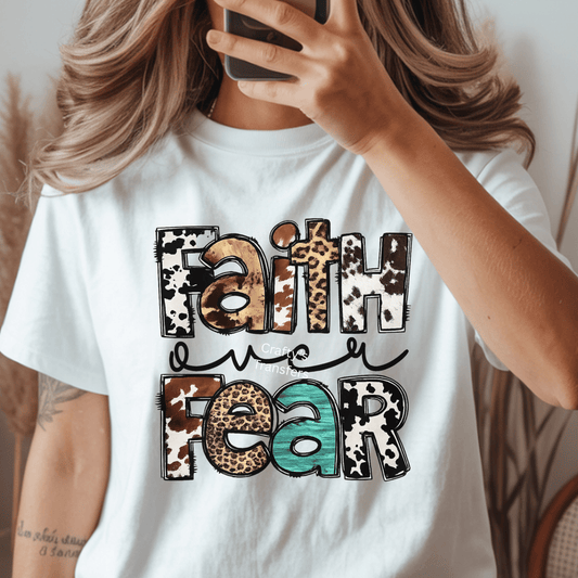 Faith Over Fear Western DTF Transfer | Christian Cow Print & Turquoise Graphic | Boutique Faith Shirt Heat Press Transfer