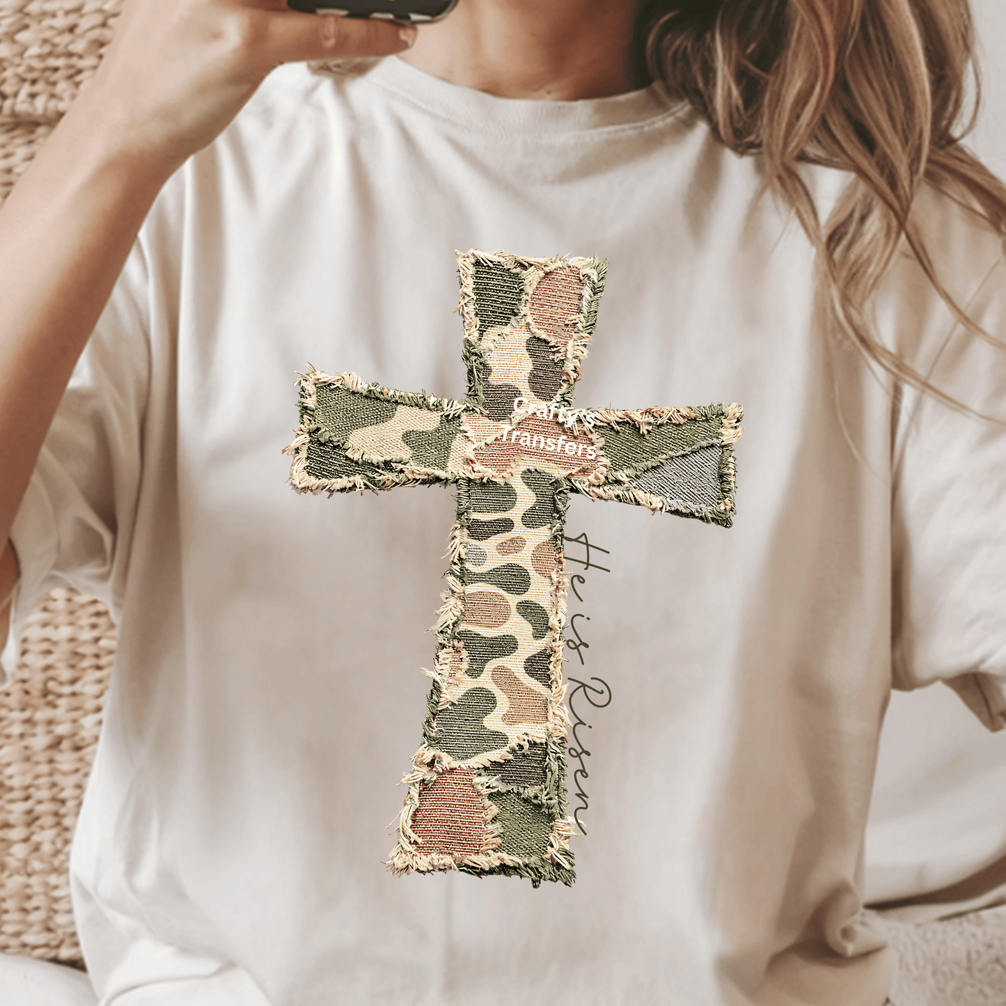 Camo Patchwork Cross DTF Transfer | Distressed Faith Cross Graphic | Christian Western Heat Press Shirt Transfer