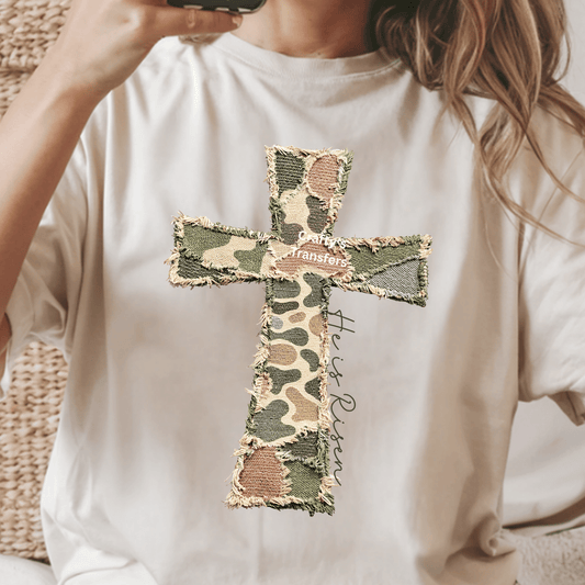 Camo Patchwork Cross DTF Transfer | Distressed Faith Cross Graphic | Christian Western Heat Press Shirt Transfer