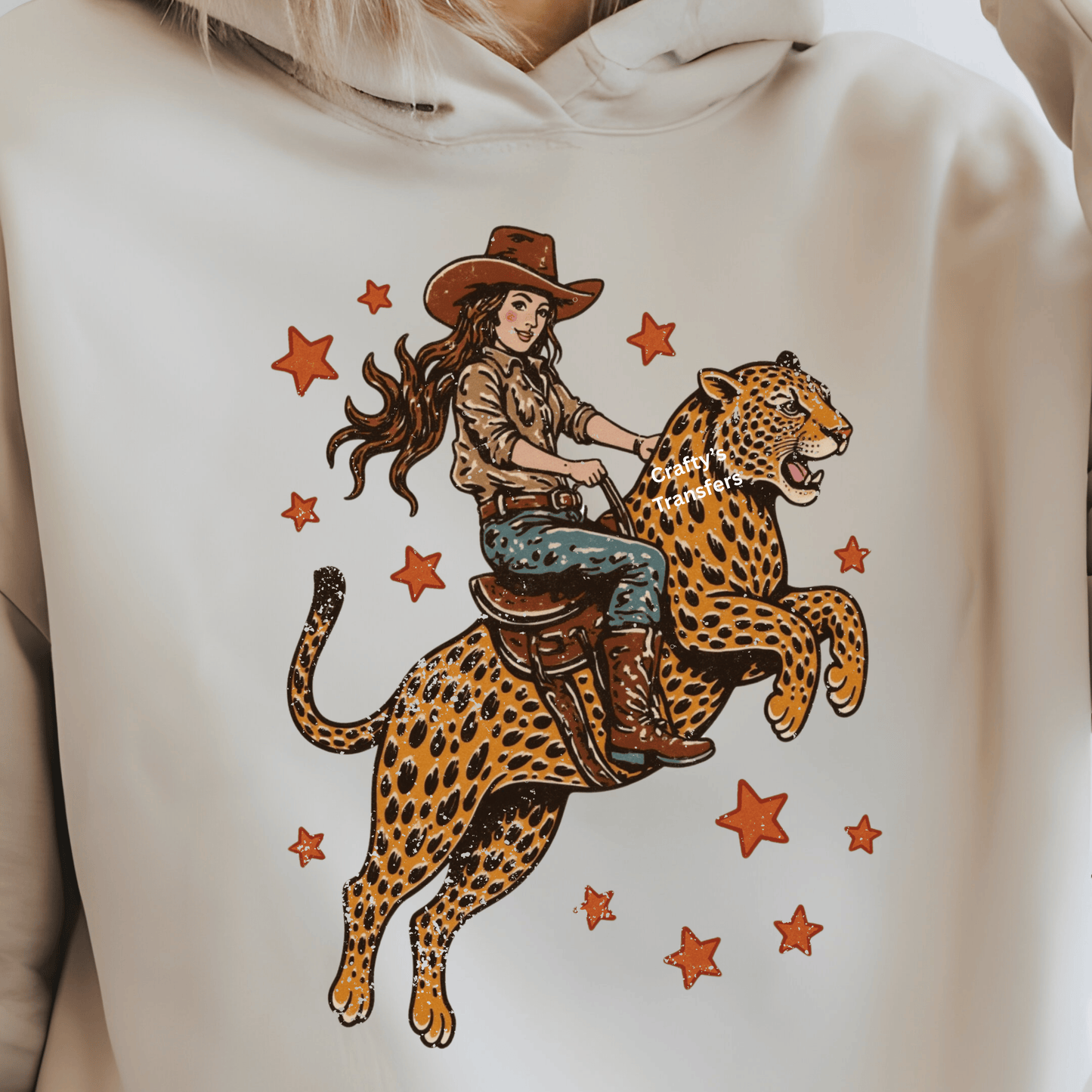 Cowgirl Riding Leopard DTF Transfer | Western Cowgirl Graphic | Retro Rodeo Heat Press Shirt Transfer