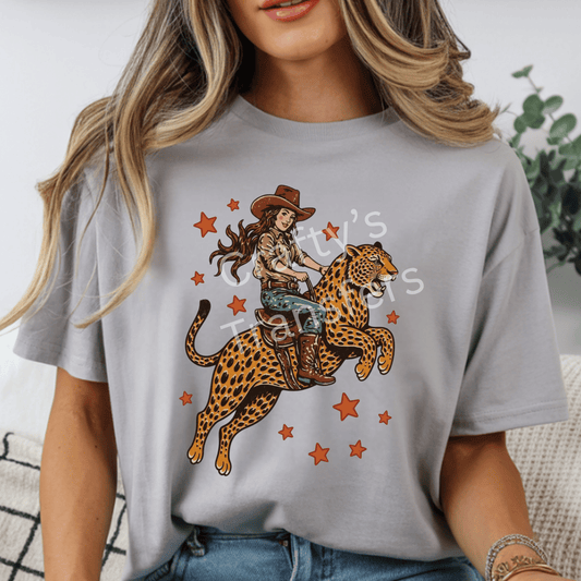 Cowgirl Riding Leopard DTF Transfer | Western Cowgirl Graphic | Retro Rodeo Heat Press Shirt Transfer