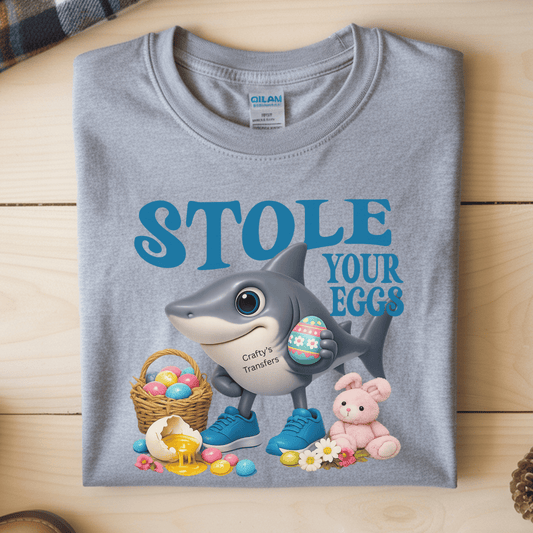 Stole Your Eggs Shark DTF Transfer | Funny Easter Shark Shirt Transfer | Cute Easter Graphic Transfer | Heat Press Transfer for T-Shirts