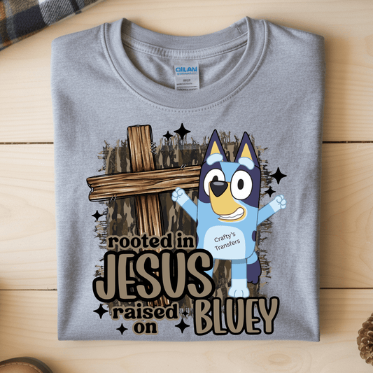 Camo Back Rooted in Jesus Raised on Bluey DTF Transfer | Christian Kids Easter Shirt Transfer | Faith Based Cartoon Dog Graphic | Heat Press Transfer