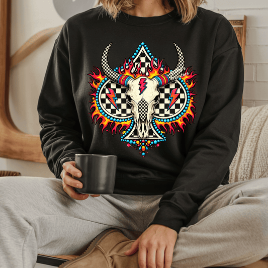 Western Cow Skull Lightning DTF Transfer | Retro Checkered Cowgirl Graphic Tee Design | Bold Rodeo Western Shirt | Boutique Country Apparel