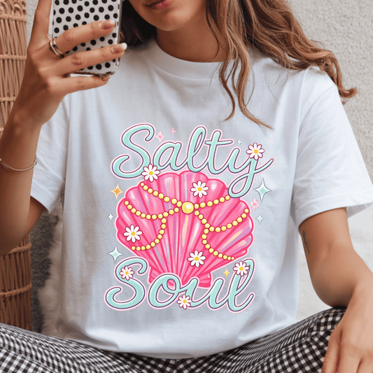 Salty Soul Beach DTF Transfer | Pink Seashell Graphic Shirt Design | Coastal Summer Graphic Tee | Trendy Beach Boutique Apparel