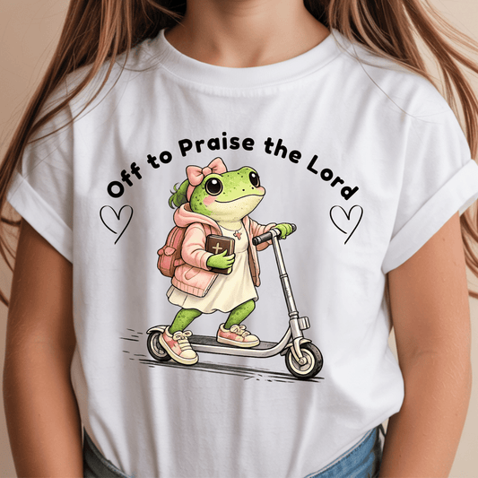 Cute Frog Girl Scooter DTF Transfer | Christian Frog with Bible | Pink Bow Cottagecore Animal Shirt Design | Kids Faith Graphic Tee Transfer