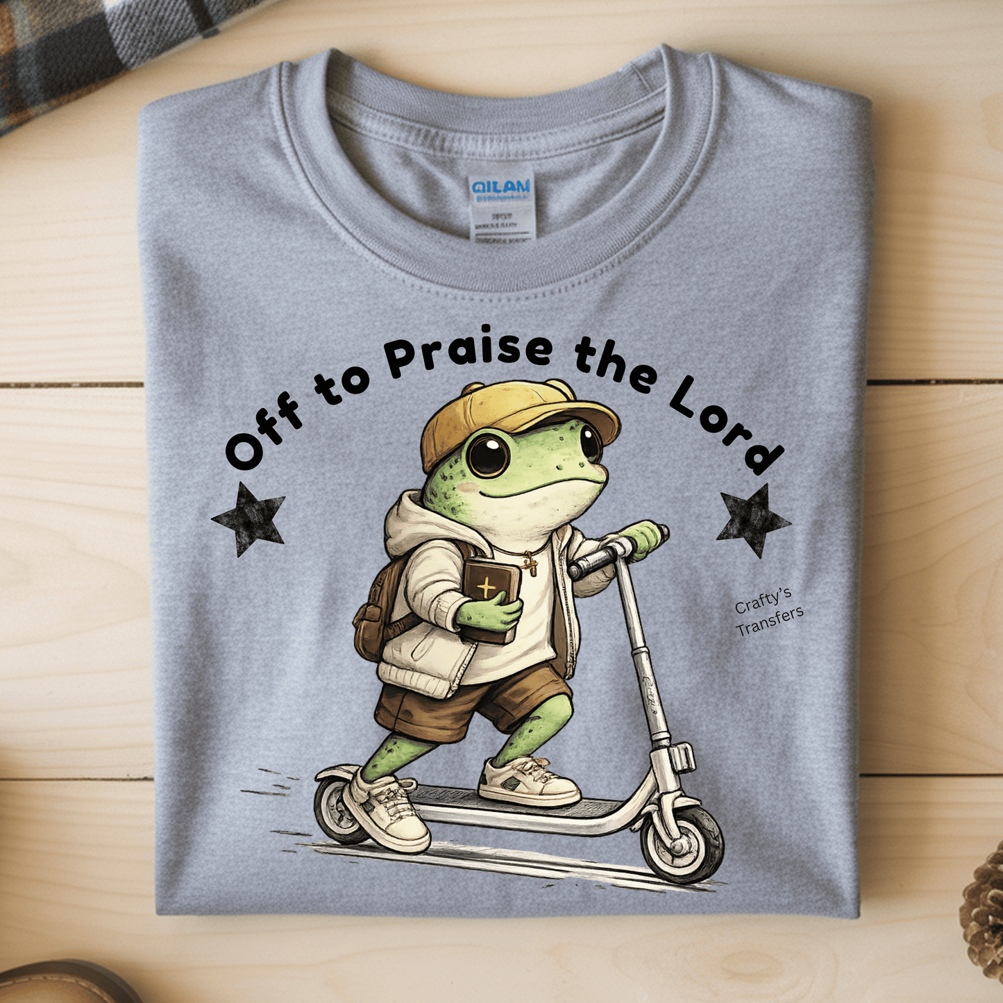 Cute Frog Boy Scooter DTF Transfer | Christian Frog with Bible | Faith Based Kids Graphic Tee Design | Whimsical Animal Shirt Transfer