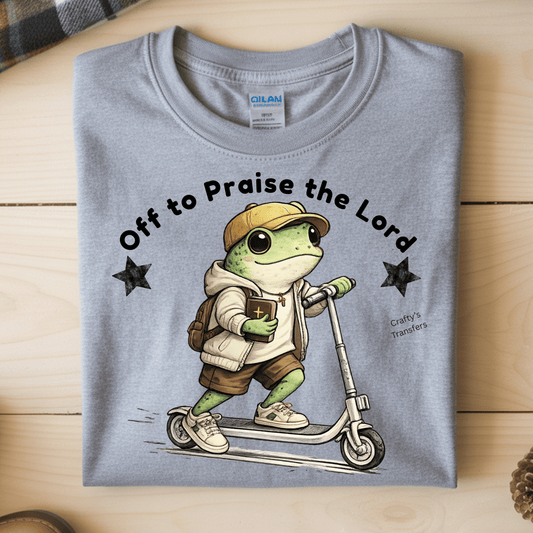 Cute Frog Boy Scooter DTF Transfer | Christian Frog with Bible | Faith Based Kids Graphic Tee Design | Whimsical Animal Shirt Transfer