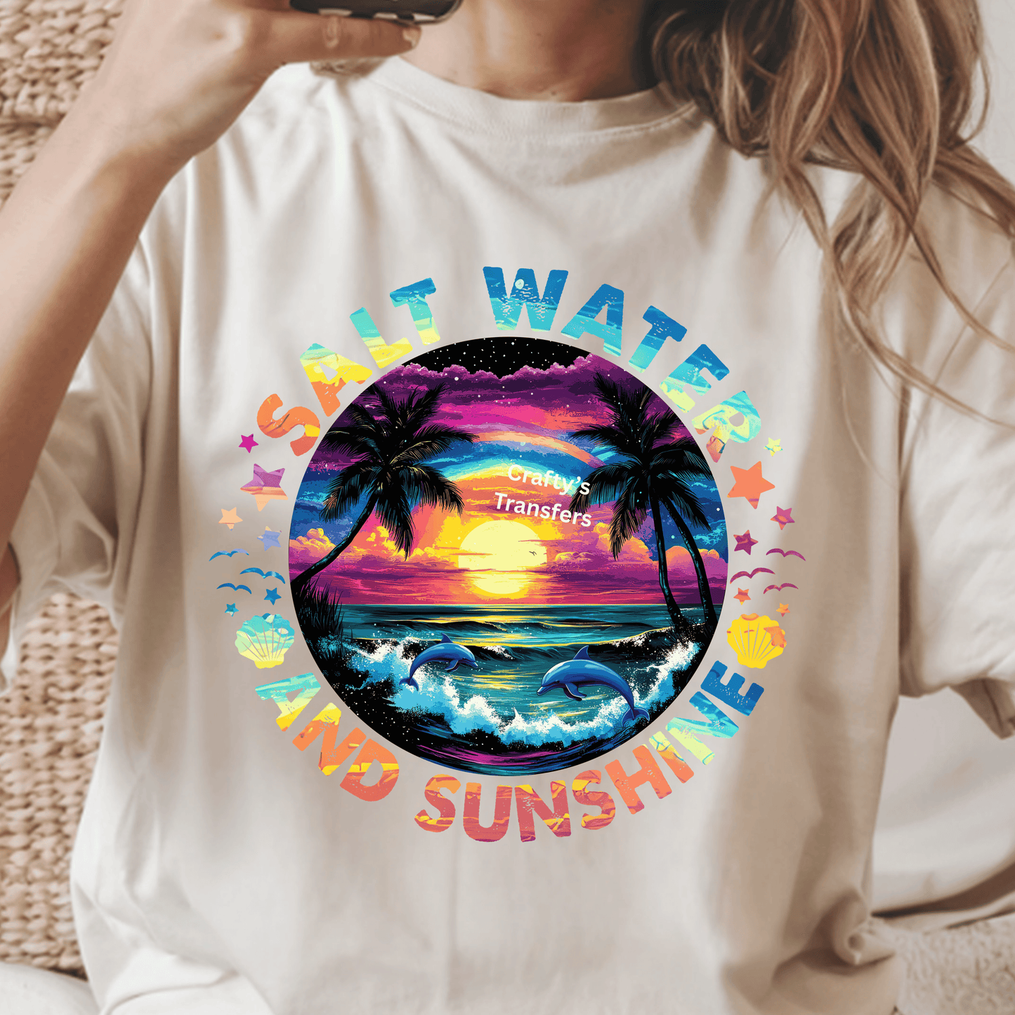 Salt Water and Sunshine DTF Transfer | Tropical Beach Sunset Dolphin Shirt Design | Summer Vacation Graphic Tee | Coastal Paradise Apparel Transfer