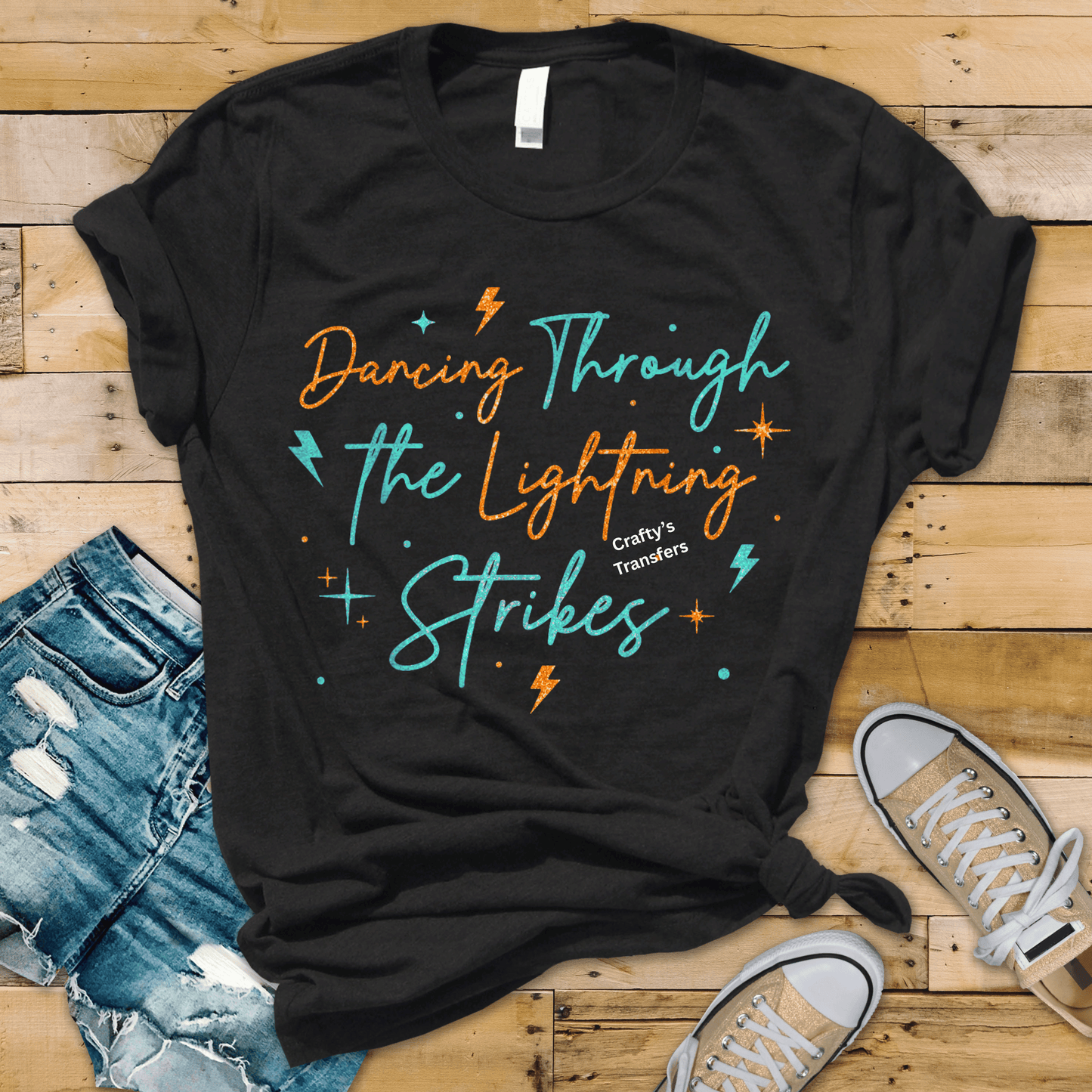Dancing Through the Lightning Strikes DTF Transfer | Retro Western Cowgirl Graphic Tee | Turquoise & Orange Lightning Shirt | Boutique Western Apparel