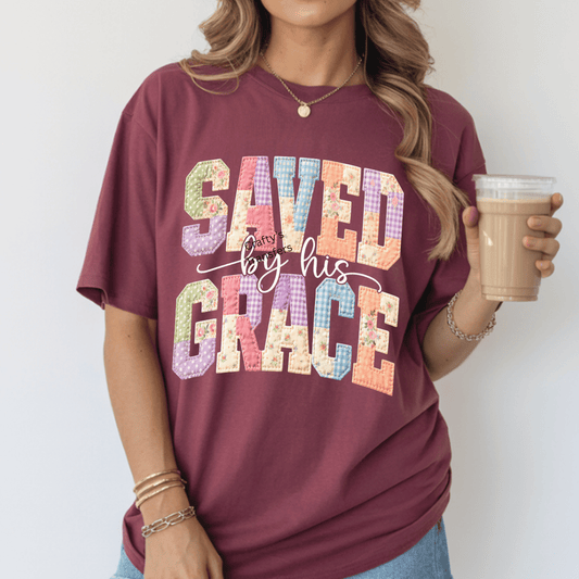 Saved By His Grace DTF Transfer | Christian Patchwork Faith Shirt Design | Inspirational Religious Graphic Tee | Boutique Christian Apparel Transfer