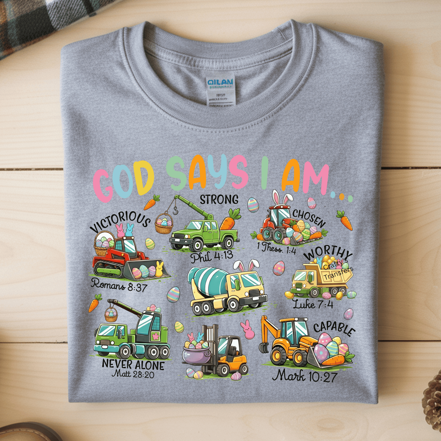 God Says I Am Christian Kids DTF Transfer | Construction Truck Easter Shirt Design | Faith Affirmation Bible Verse Graphic Tee
