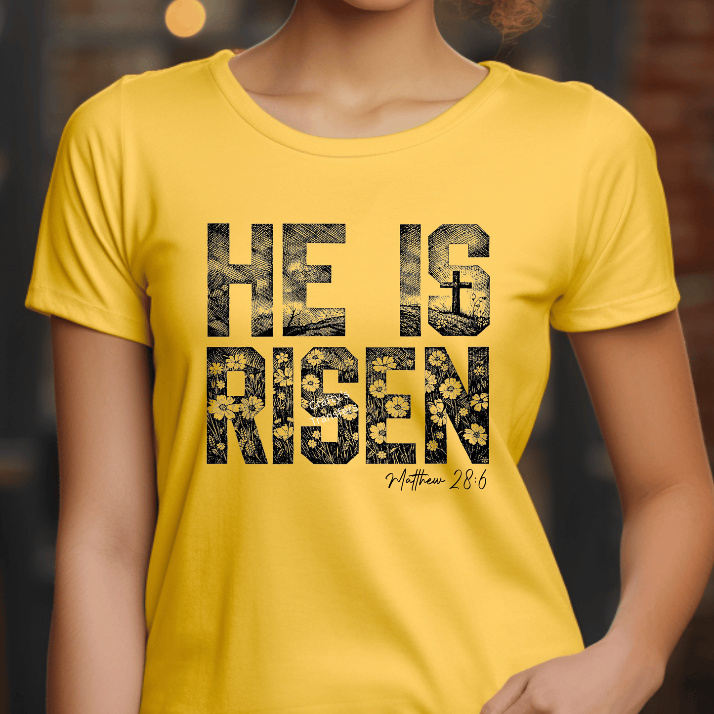 He Is Risen DTF Transfer – Christian Easter Floral Cross Heat Press Transfer – Faith-Based Religious Shirt Design