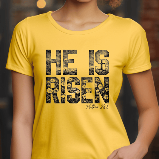 He Is Risen DTF Transfer – Christian Easter Floral Cross Heat Press Transfer – Faith-Based Religious Shirt Design