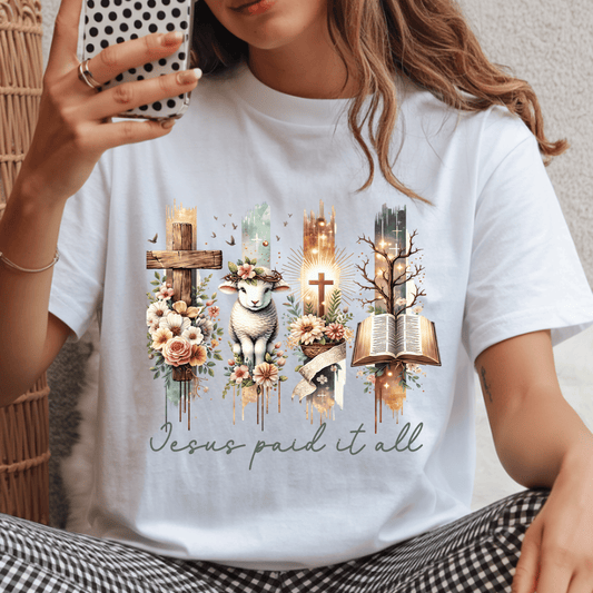 Jesus Paid It All DTF Transfer | Christian Easter Cross & Lamb Shirt Design | Faith Based Religious Graphic Tee | Inspirational Church Apparel