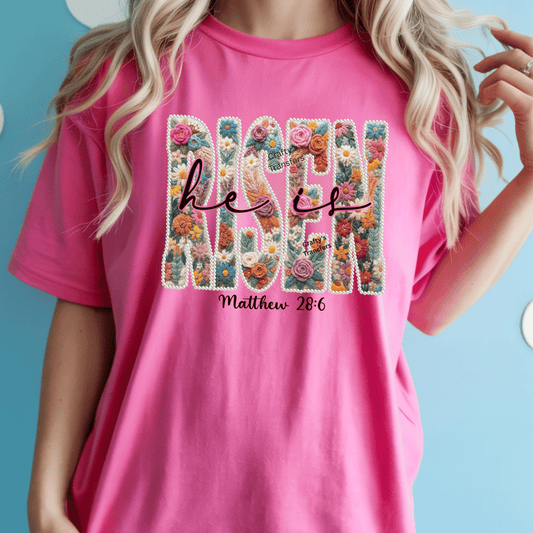 He Is Risen Floral Embroidered DTF Transfer | Christian Easter Scripture Shirt Design | Matthew 28:6 Faith Graphic Tee | Religious Resurrection Apparel
