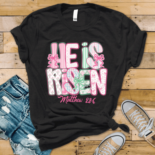 He Is Risen Matthew 28:6 DTF Transfer | Christian Easter Patchwork Shirt Design | Faith Based Graphic Tee | Resurrection Religious Apparel Transfer