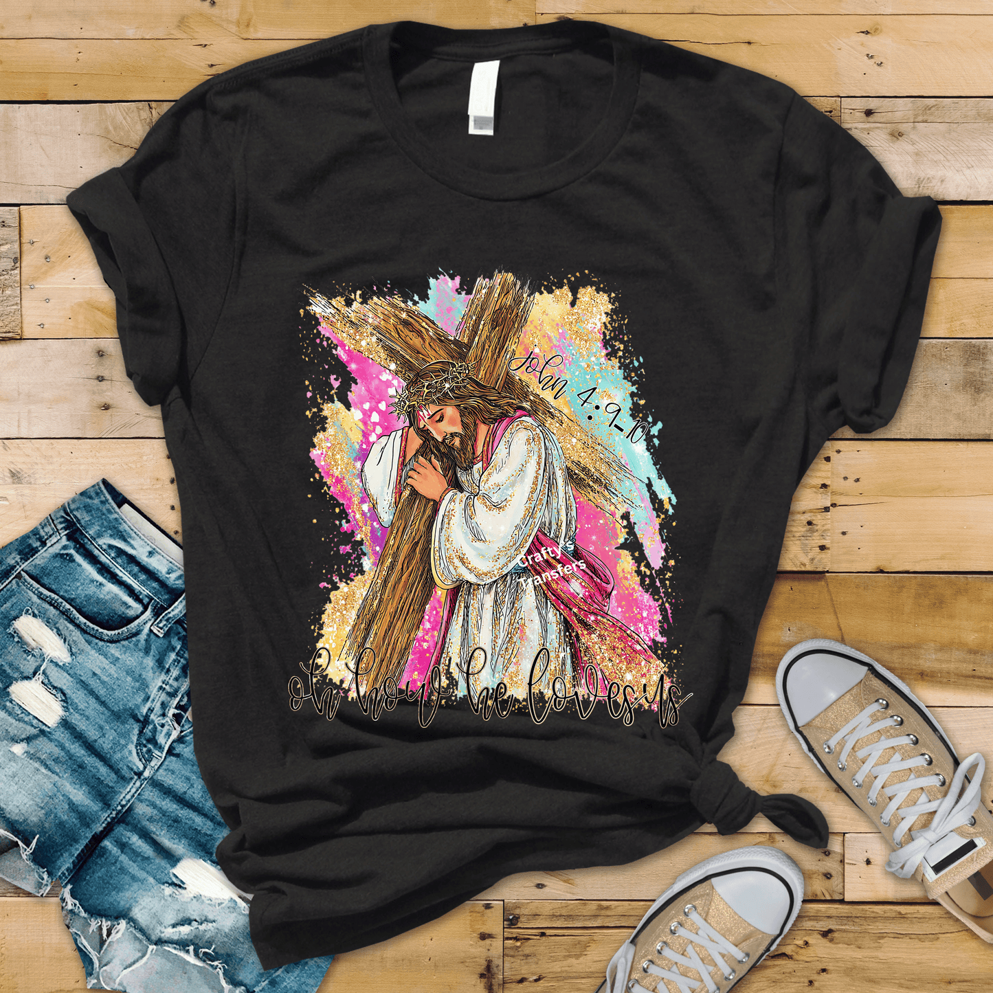 Oh How He Loves Us DTF Transfer | John 4:9-10 Christian Cross Shirt Design | Jesus Carrying Cross Faith Graphic Tee | Inspirational Religious Apparel