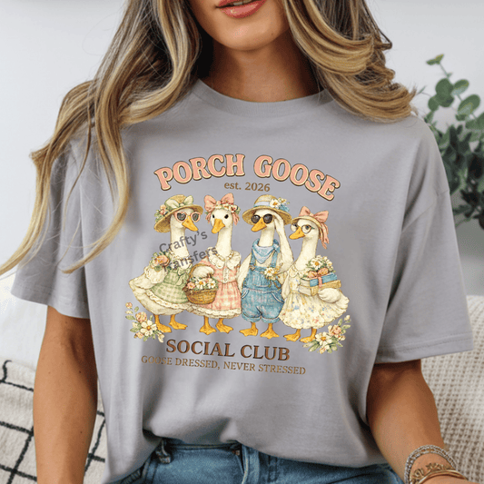 Porch Goose Social Club DTF Transfer | Vintage Goose Graphic Shirt Design | Funny Cottagecore Goose Tee | Trendy Farmhouse Graphic Apparel