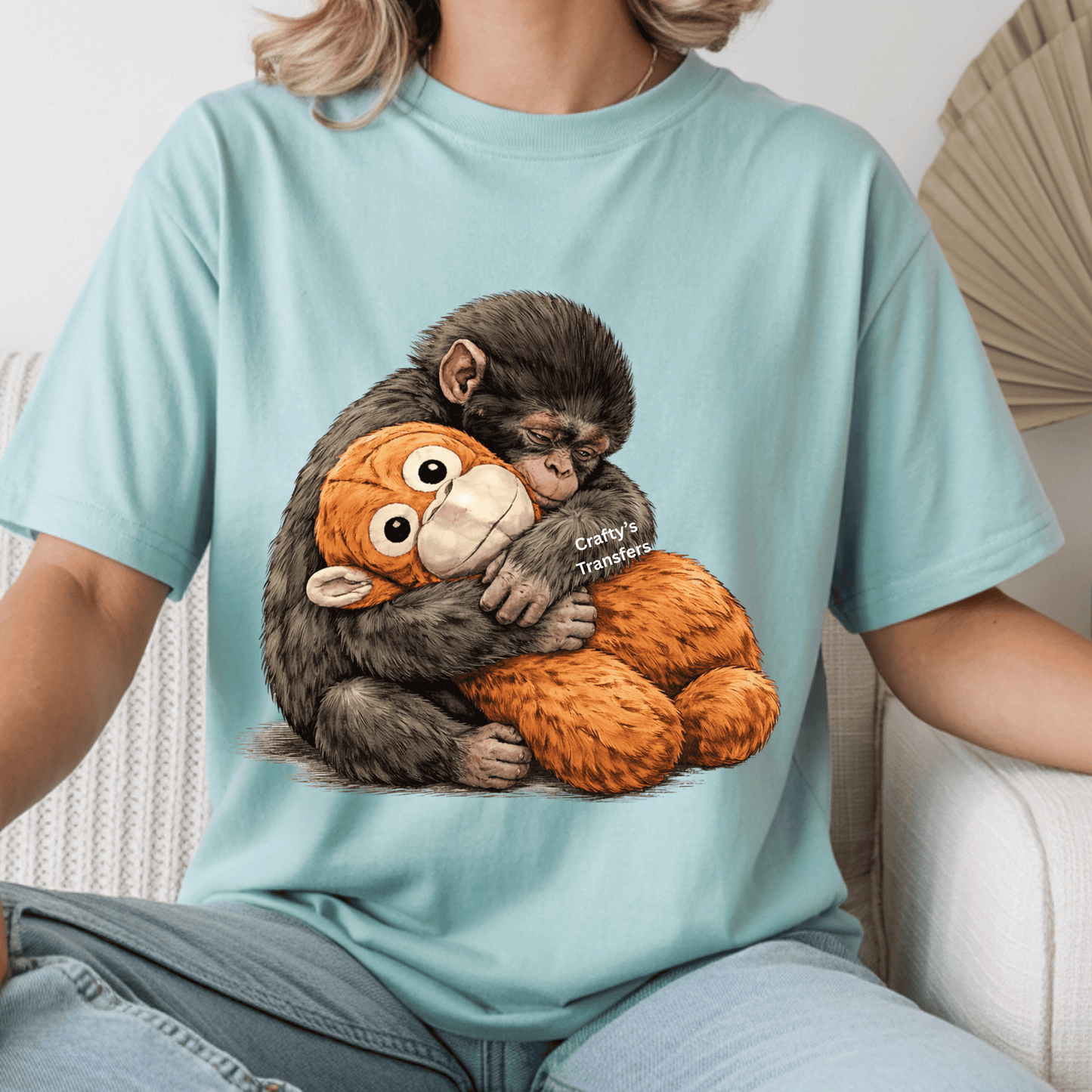Punch the Monkey DTF Transfer | Cute Monkey Hugging Plush Toy Shirt Design | Adorable Animal Graphic Tee | Trendy Boutique Animal Apparel