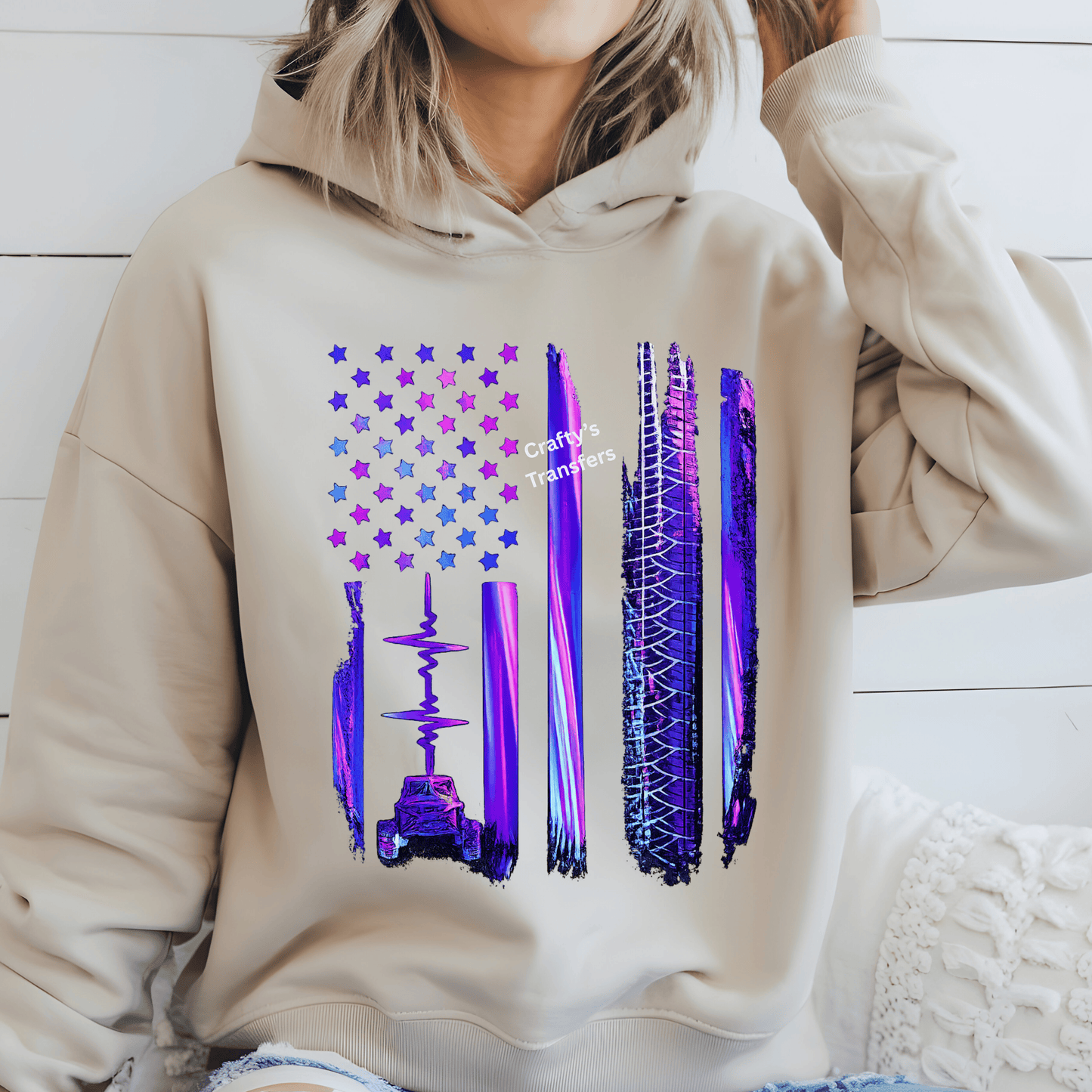 Neon American Flag Off Road DTF Transfer – Purple Blue Tire Track Flag – UTV ATV Patriotic Graphic – Distressed USA Shirt Design