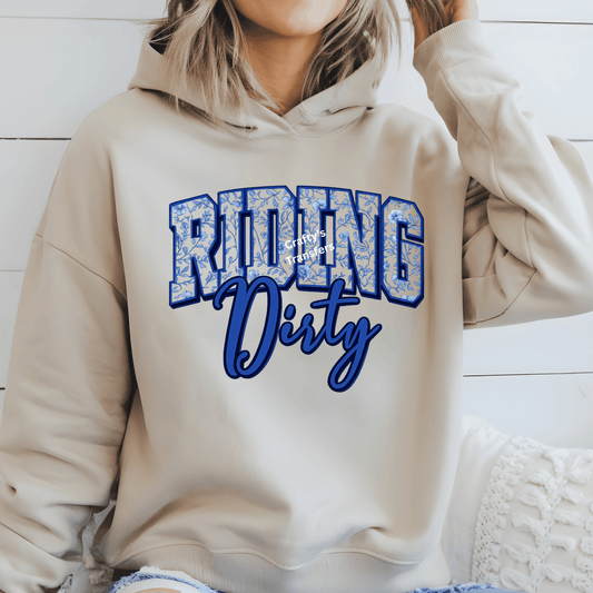 Riding Dirty DTF Transfer – Blue Floral Western Graphic – Country Girl Shirt Design – Vintage Rodeo Style Transfer – Boutique Graphic Tee