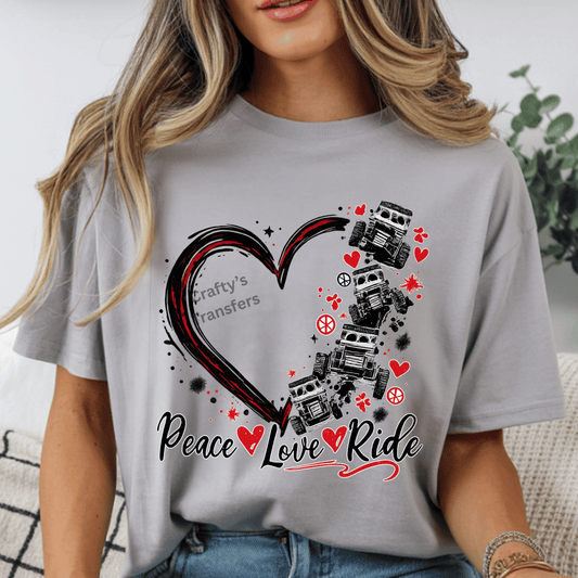 Peace Love Ride DTF Transfer – SXS Off Road Heart Design – UTV ATV Love Graphic – Cute Adventure Transfer