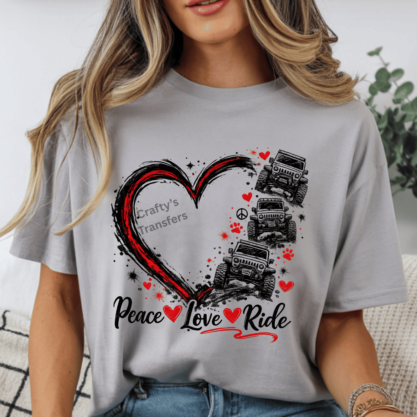 Peace Love Ride DTF Transfer – Jeep Off Road Heart Design – UTV ATV Love Graphic – Cute Adventure Transfer