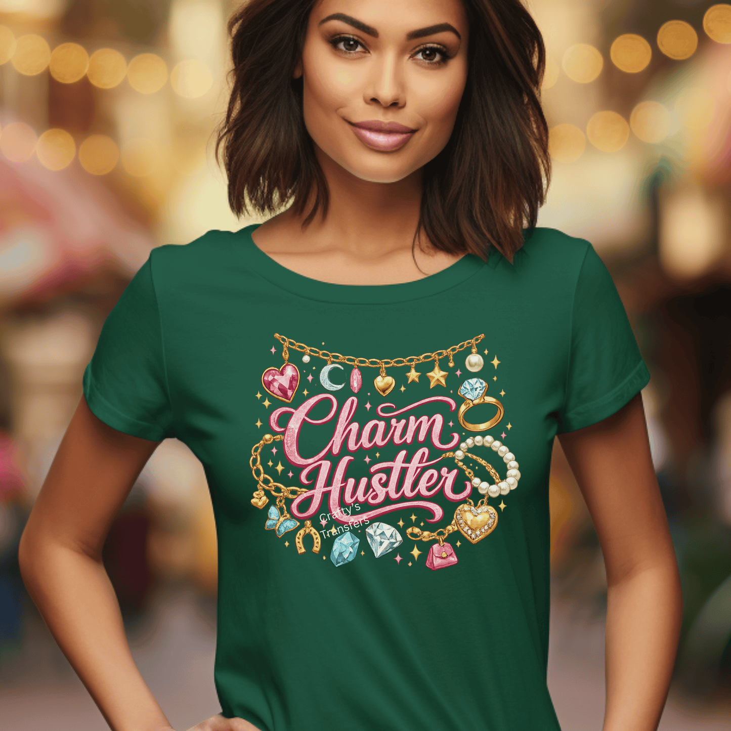 Charm Hustler DTF Transfer – Pink Girly Jewelry Graphic Tee Design – Coquette Boutique Shirt Transfer – Glam Accessory Lover Graphic